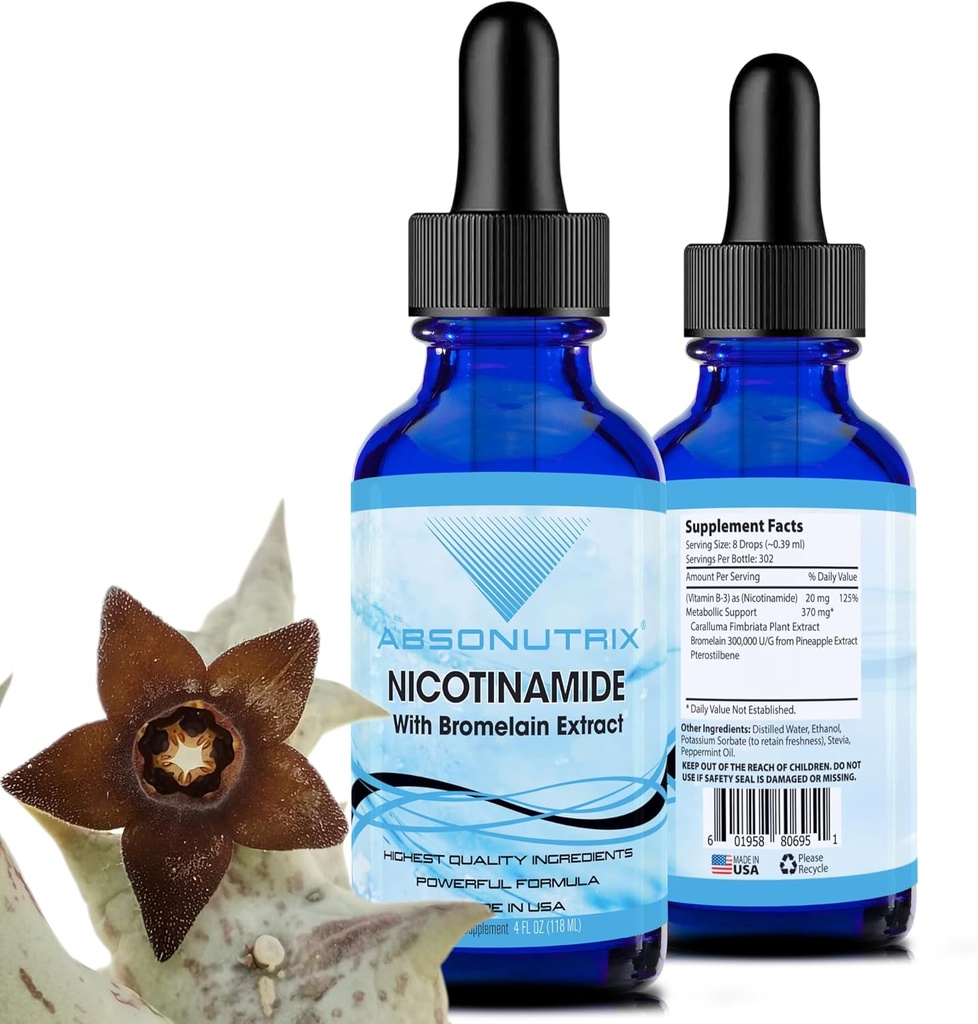 Absonutrix Nicotinamid med bromelain Extract Advanced Formel 390 mg, 4 Oz Liquid, 302 Servere, Lavet i USA, Quick Absorption, Kvalitet Potent Ingredienser, Non- GMO, GMP Certified Facility