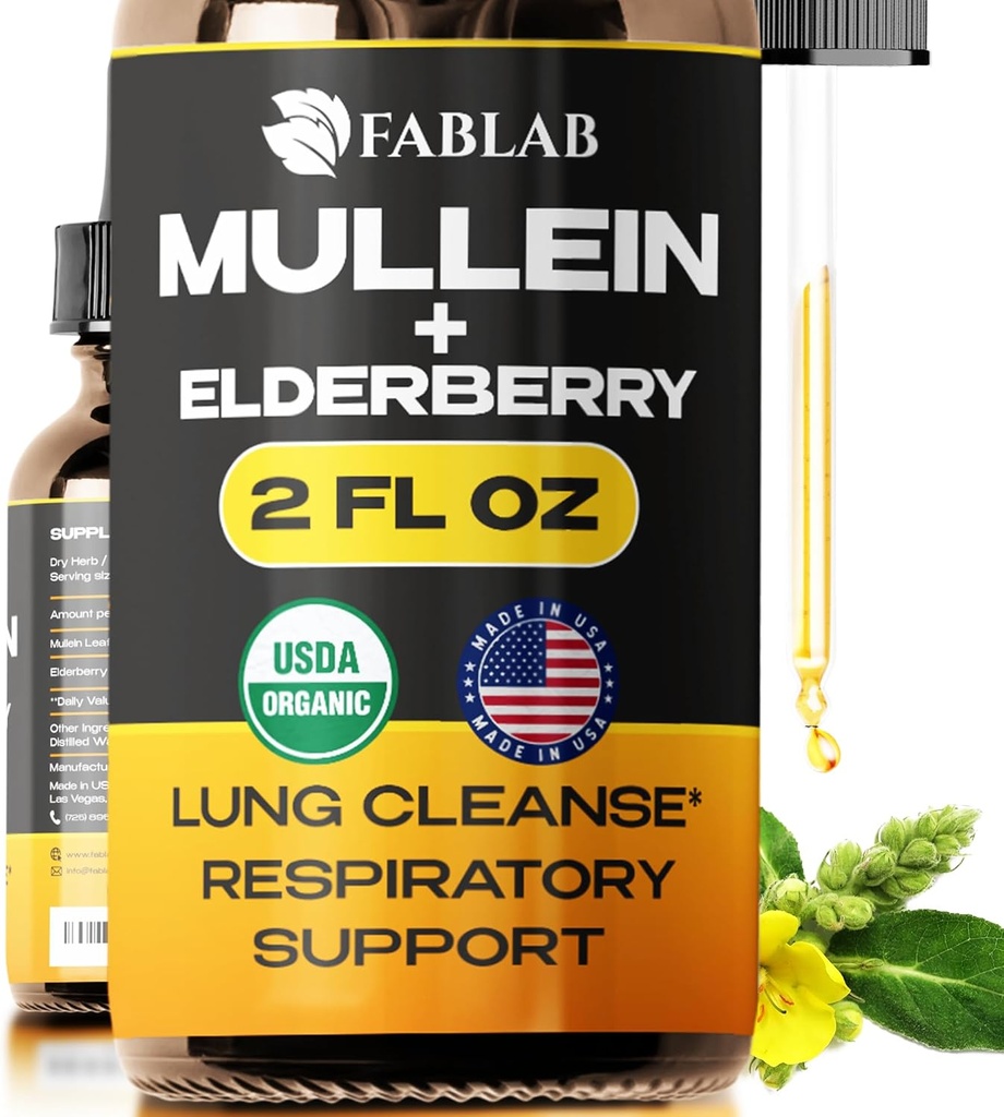 FabLab Mullein Leaf Extract med Elderberry 2 Fl Oz - Made in USA - Drops for Better Lung - Mullein Tincture for Lung Detox - Bronchial rense for rygere - Respiratory Herbal Supplement