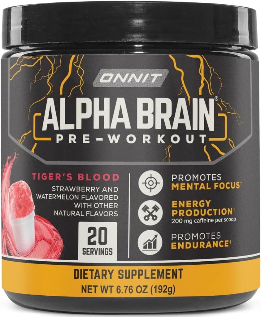 ONNIT Alpha Brain Pre- Workout Powder, IGEN ™ Non- GMO Testet, Tigers blod flavor, Pre- workout supplement for kvinder og mænd, Kosttilskud, 20 Serveringer pr Tub, 6.76 oz
