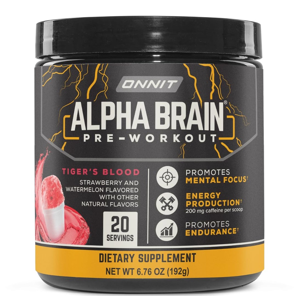 ONNIT Alpha Brain Pre- Workout Powder, IGEN ™ Non- GMO Testet, Tigers blod flavor, Pre- workout supplement for kvinder og mænd, Kosttilskud, 20 Serveringer pr Tub, 6.76 oz