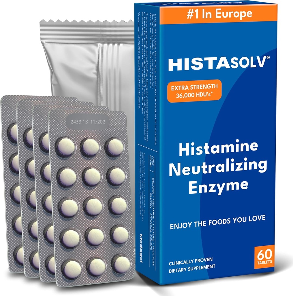 HISTAsolv Extra Strength DAO Enzyme Supplement for Histamin Food Intolerance - Eases fordøjelsesbesvær - Patenteret Tech - Made in Austria - 60 Pack