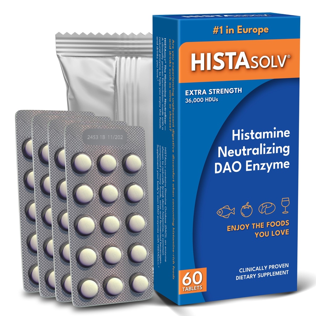 Medagel HISTAsolv Extra Strength DAO Enzyme Supplement for Histamin Food Intolerance - Eases fordøjelsesbesvær - Patenteret Tech - Lavet i Østrig - 60 Pack