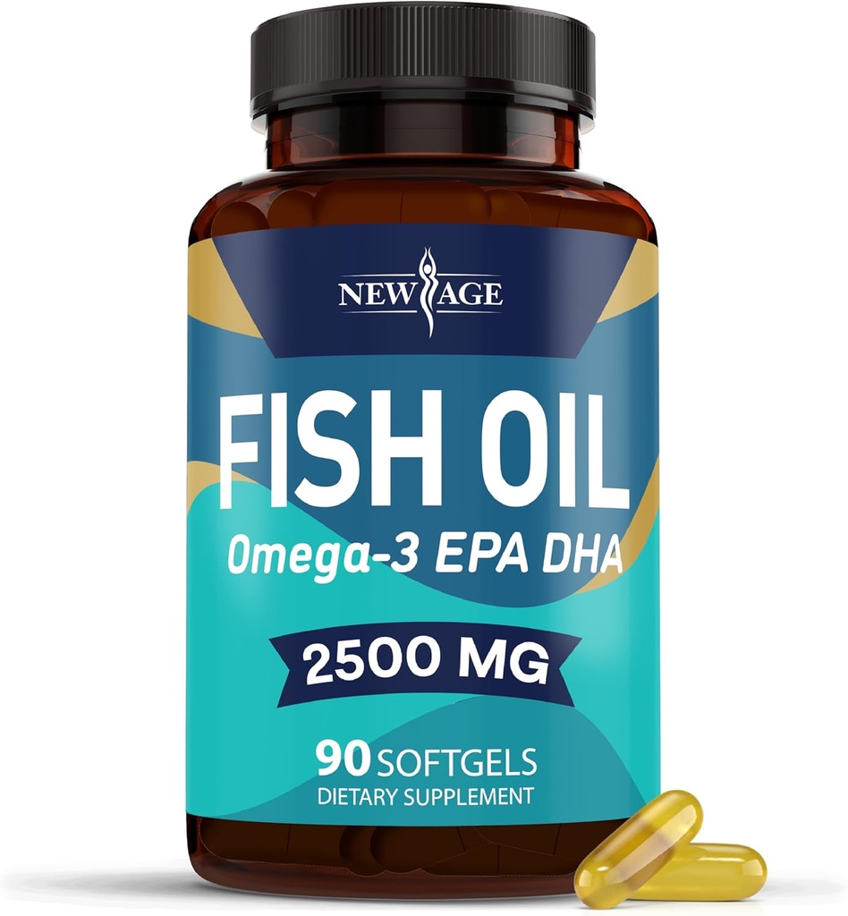 NEW AGE Omega 3 Fish Oil Supplement immun- og sundhedsstøtte - fremmer fælles, øje & hudsundhed - ikke GMO - EPA, DHA fedtsyrer Gluten Free (90 Softgels (pakke med 1))
