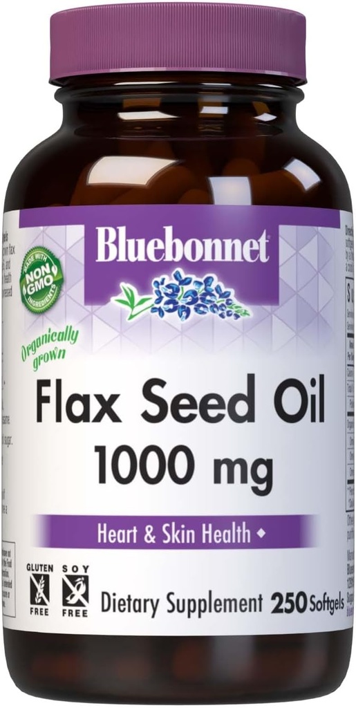 BlueBonnet Flax Seed Oil 1000 mg - Omega 3 6 9 Fatty Acids Heart Health & Skin Support for Women & Men - Cold-Pressed, Organic Flaxseed Oil Capsules - Non-GMO, Gluten-Free, Soy-Free - 250 Softgels