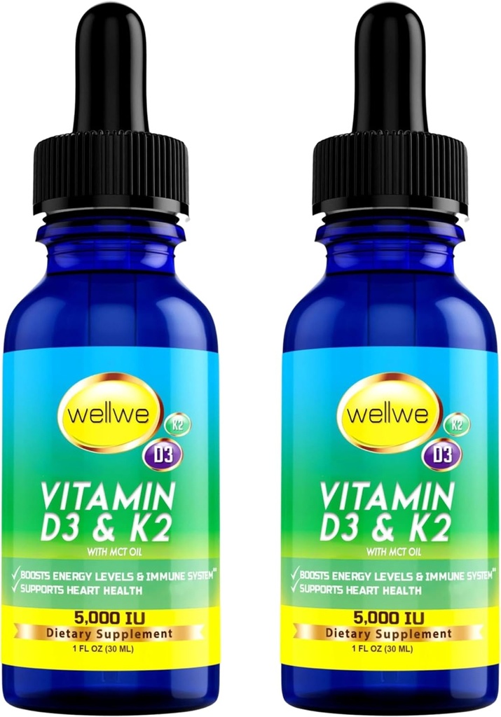 2 flasker flydende vitamin D3 K2 Drops 5000 IE med MCT Oil - Vegansk flydende vitamin D supplement til Boost Energy Niveau, Mood og immunsystem, Unflavored, No Odor, Gluten- Free, Non-GMO, 2 Fl Oz