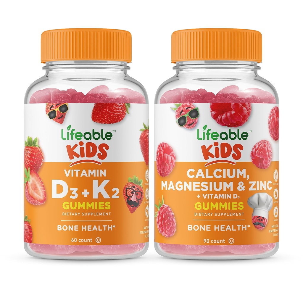 Lifeable Vitamin D3 + Vitamin K2 Kids + Calcium Magnesium & Zink Kids, Gummies Bundle - Great Tasting, Vitamin Supplement, Gluten Free, GMO Free, Chewable Gummy