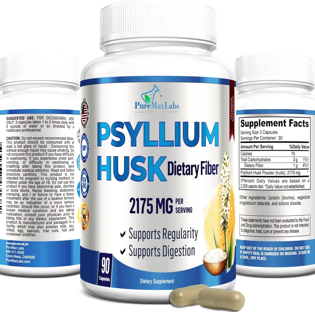 Psyllium Husk kostfibre Supplement 2175mg, non- GMO, 90 Kapsler