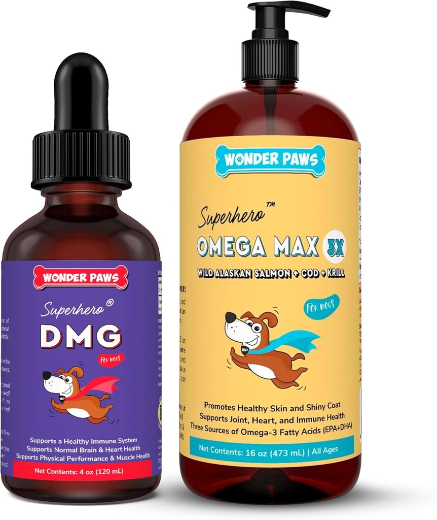 WONDER PAWS Premium DMG Liquid Plus Omega Max Fish Oil - for hundens immunforsvar, hud, allergier, fælles pleje & samlet sundhed - DMG 4 ounces - Omega Max 16 ounces