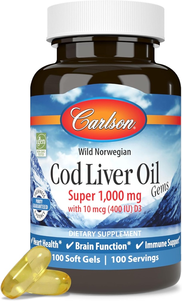Carlson - Cod Lever Oil, Super 1000 mg + Vitaminer A & D3, Wild Norwegian, Sustainable Sourced, 100 Softgels