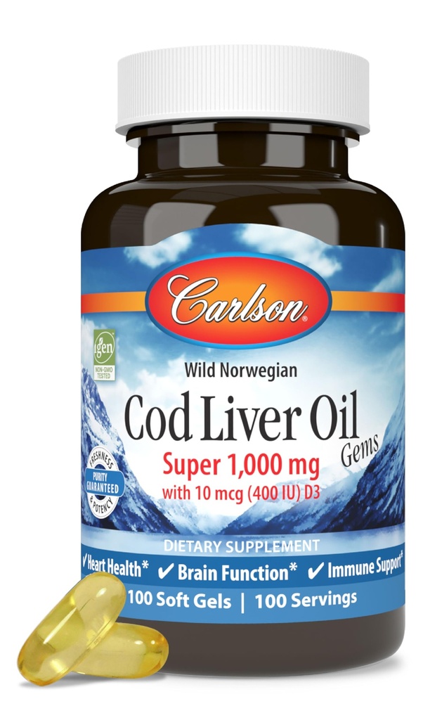 Carlson - Cod Lever Oil, Super 1000 mg + Vitaminer A & D3, Wild Norwegian, Sustainable Sourced, 100 Softgels