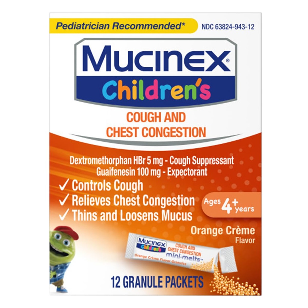 Mucinex Børns Bryst Congestion Expectorant and Hough Suppressant Mini- smelter, Orange Cream, 12 Greve (Packaging May Vary)