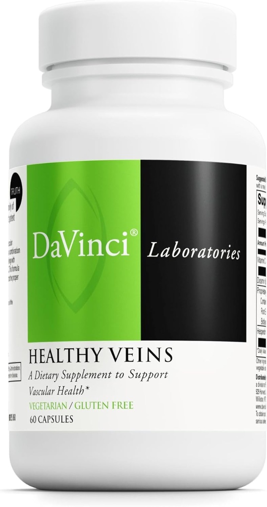 DAVINCI Labs Sunde Veins - Kosttilskud Vaskulære Sundhed og Korrekt Struktur af Ben Veins * - med C-vitamin, Diosmin og mere - Glutenfri - 60 Vegetabilske kapsler