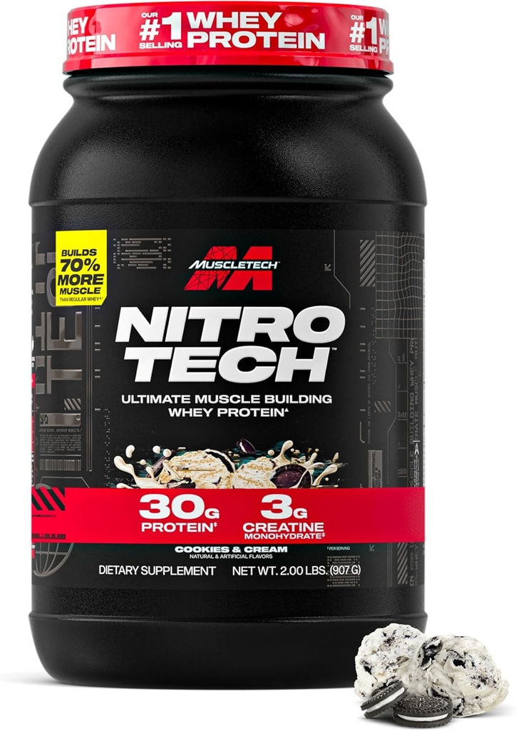 Muscletech Whey Protein Powder (Cookies & Cream, 2.2 Pound) - Nitro-Tech Ultimate Muscle Building Formula with Whey Protein Isolate - 30g of Protein, 3g of Creatine & 6.8g of BCAA - Packaging May Vary