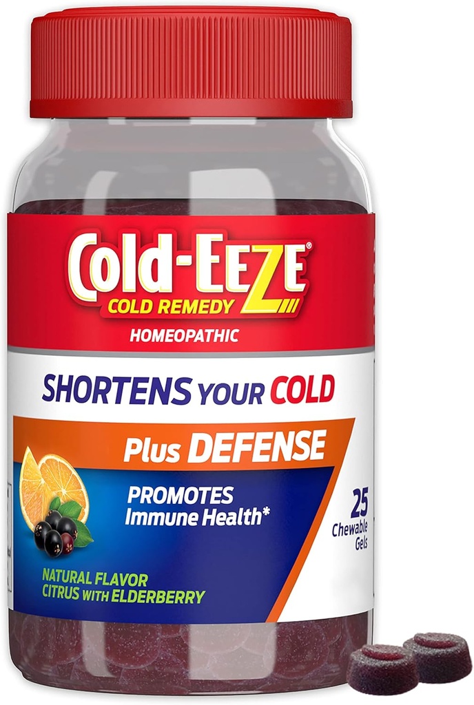 Cold- EEZE Plus Defense Natural Citrus & Elderberry Zink Chewable Gels, Homøopatisk Cold Remedy, kortere fælles kolde symptomer, fremmer immunsundhed med Sambucus Nigra, Echinacea & Rose Hips, 25 Ct