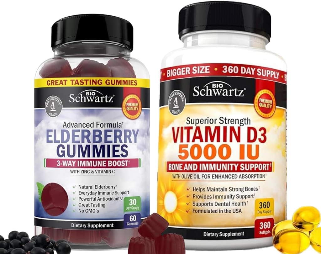 BioSchwartz Elderberry Gummies med zink og C-vitamin til voksne Immunstøtte (1 måned Tilgang) Plus høj styrke Vitamin D3 5000 IE 125 mcg (1 år Tilgang)