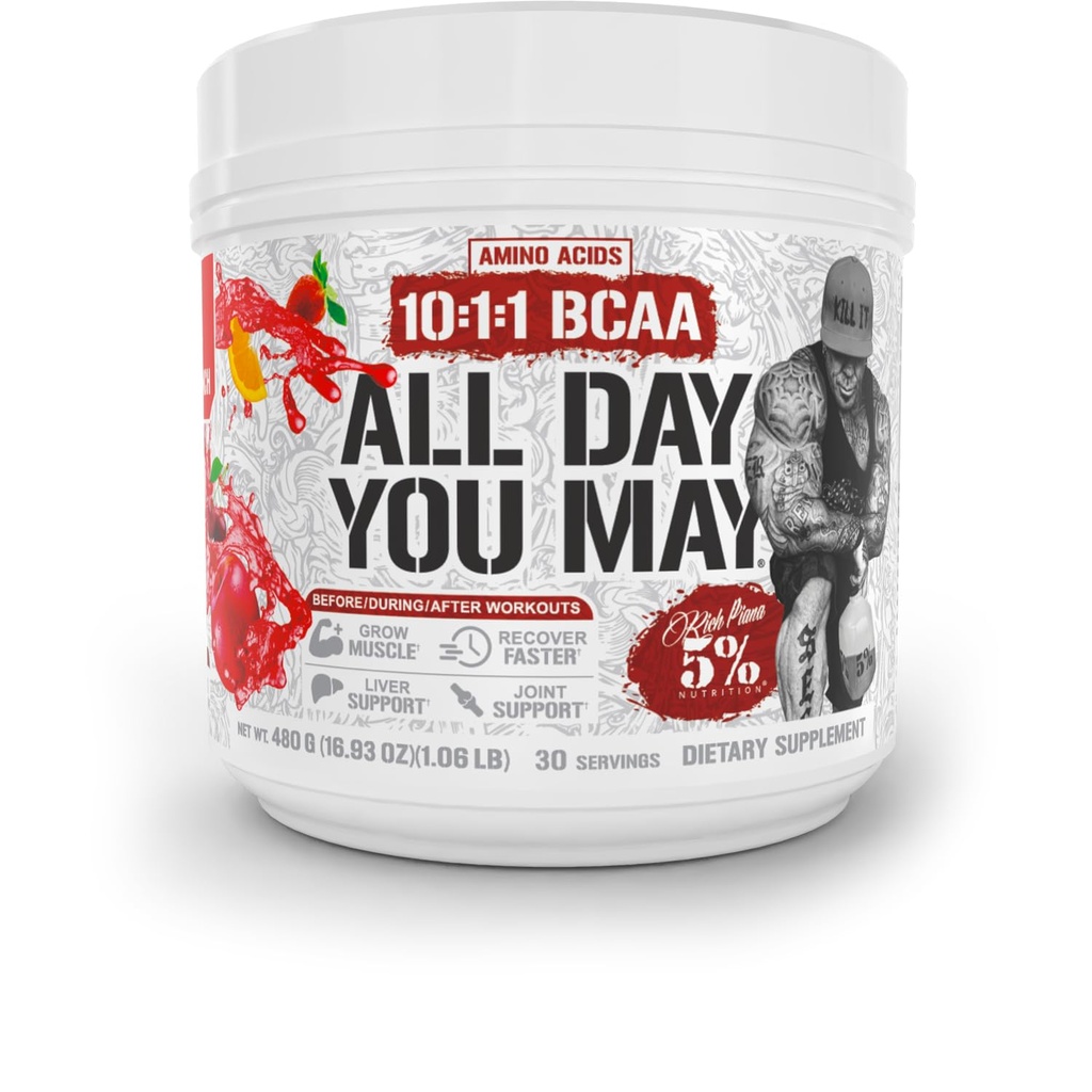 5% Nutrition Rich Piana AllDayYouMay BCAA Powder Б124; Premium Intra & Post Workout Aminosyrer, Hydration, Endurance, Muscle Recovery, Joint & Liver Support Б124; 16,93 oz, 30 Servering (Fruit Punch)