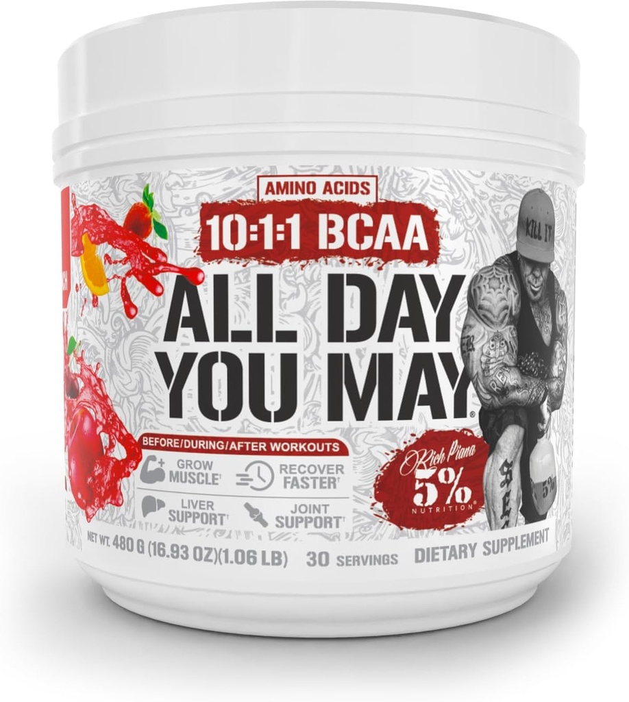 5% Nutrition Rich Piana AllDayYouMay BCAA Powder Б124; Premium Intra & Post Workout Aminosyrer, Hydration, Endurance, Muscle Recovery, Joint & Liver Support Б124; 16,93 oz, 30 Servering (Fruit Punch)