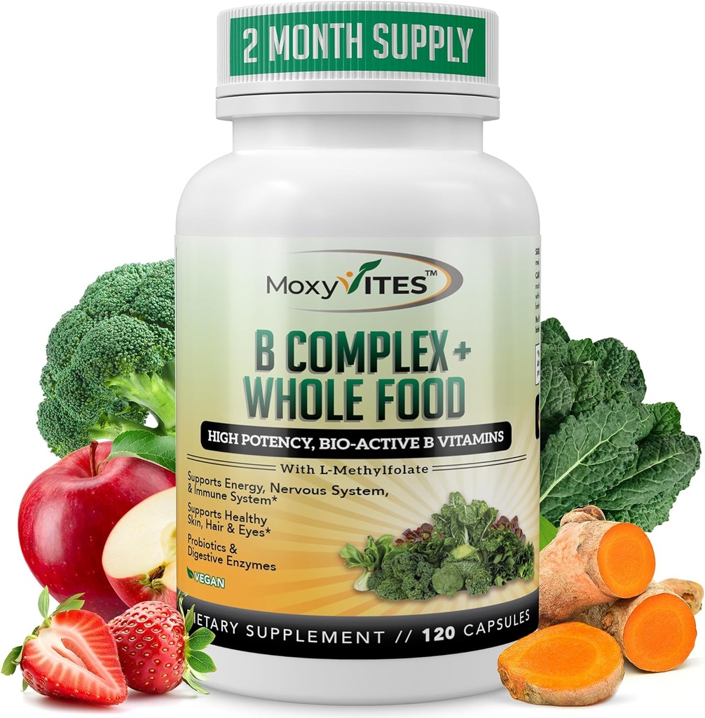MoxyVites Vitamin B Complex - B Vitamins Whole Food Supplement, B12 Methylcobalamin, B1, B2, B3, B5, B6, B7, B9 - for Stress, Energy and Immune Support, Vegan, 120 Capsules