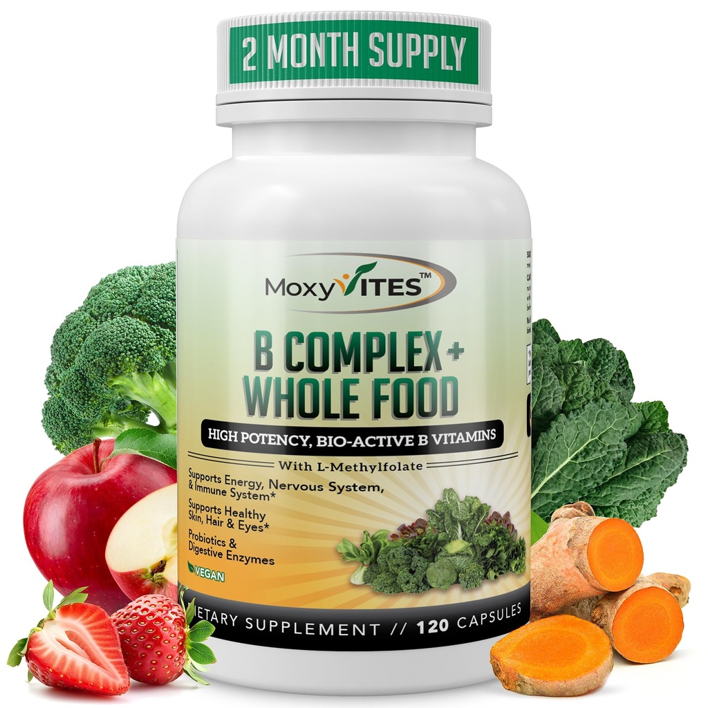 MoxyVites Vitamin B Complex - B vitaminer hele kosttilskud, B12 Methylcobalamin, B1, B2, B3, B5, B6, B7, B9 - til Stress, Energi og immunforsvar, Vegan, 120 kapsler