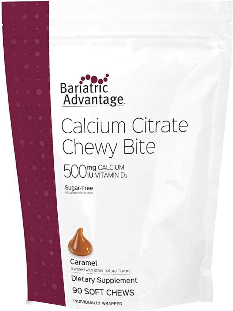Bariatric Advantage Calcium Citrate Chewy Bites 500 mg - Highly Absorbable & Digestible - Vitamin D3 - Easily Chewable Calcium Supplement - Caramel Flavor - 90 Count