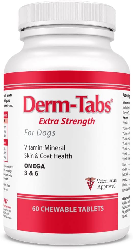 Derm Tabs Ekstra Styrke til hunde - Natural Oil, Vitaminer, Mineraler, og Antioxidanter - Support Sund Hud og Reducere Shedding -60 tyggetabletter