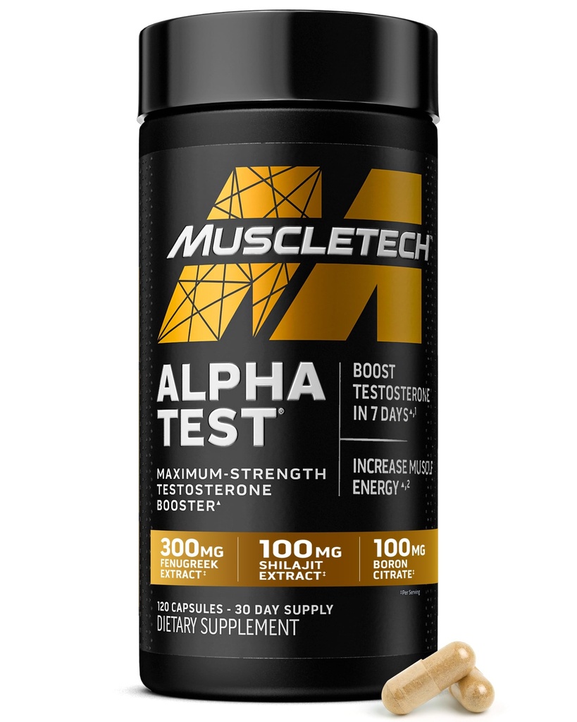 MuscleTech Testosteron Booster for mænd, AlphaTest - T- Boost Herre tillæg med Tribulus Terrestris & Boron - Daglig mandlige Gym træningstillæg for muskelvækst, Stamina & Energy - 120 piller