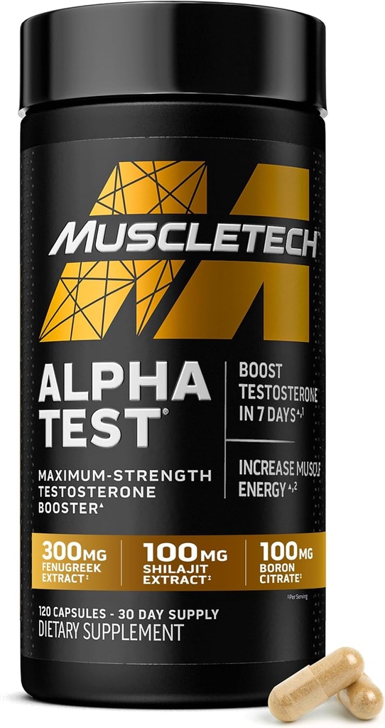 MuscleTech Testosterone Booster for Men, AlphaTest - T-Boost Mens Supplement with Tribulus Terrestris & Boron - Daily Male Gym Workout Supplements for Muscle Growth, Stamina & Energy - 120 Pills