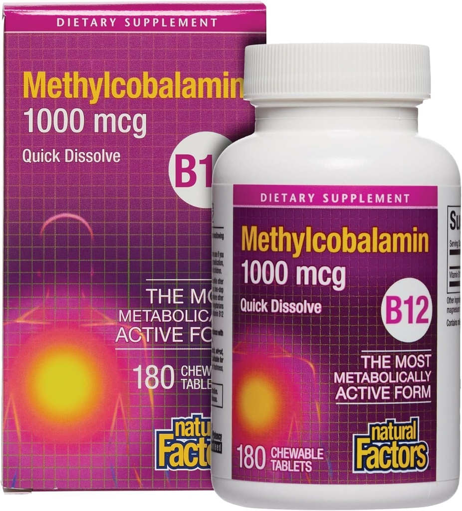 Naturlige faktorer, Vitamin B12 Methylcobalamin 1.000 mcg, Tilbyder den mest metabolisk aktive form af B12, hurtig opløsning tabletter