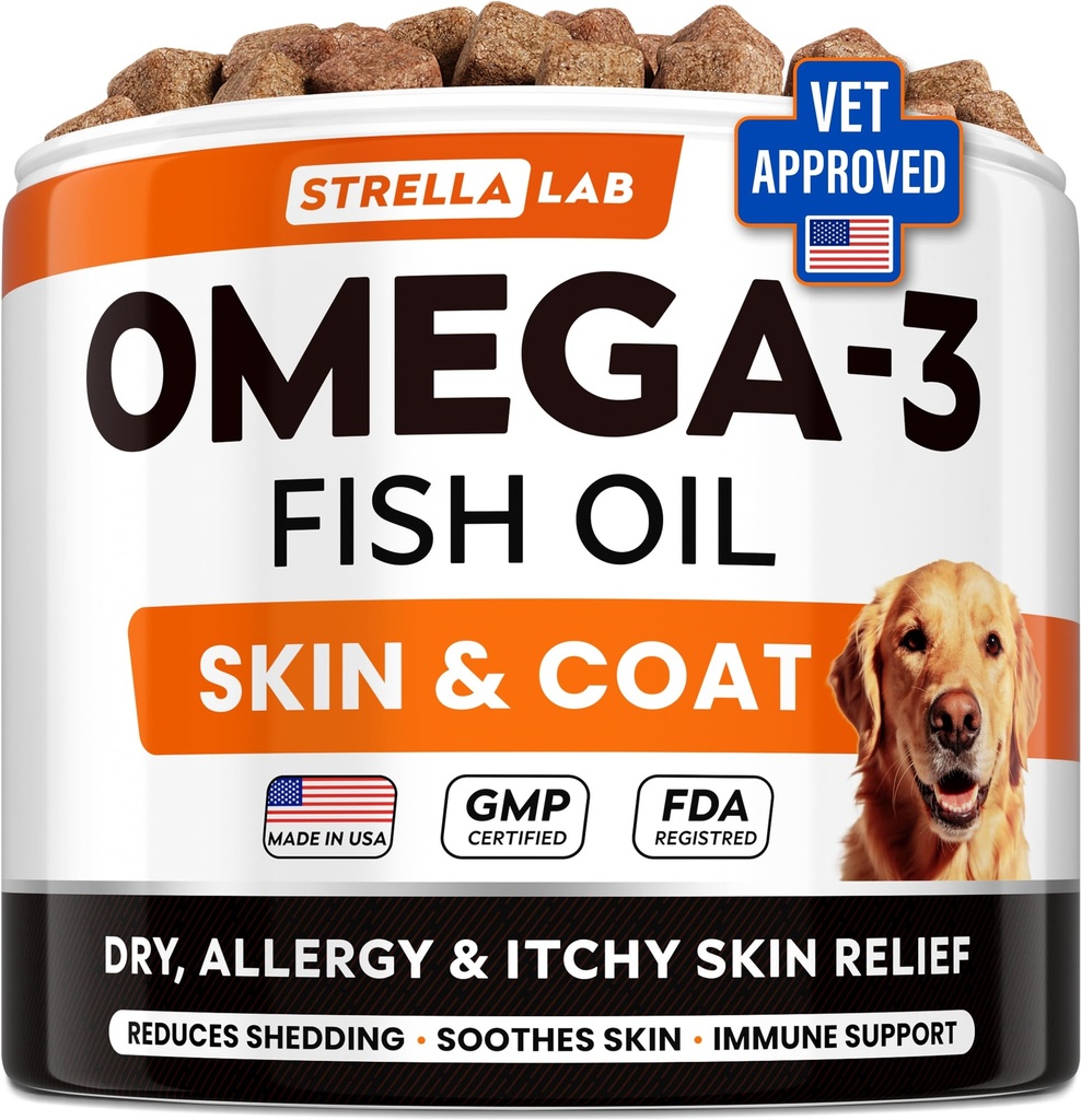 StrellaLab Omega 3 for hunde - (180 Ct) Fish Oil Treats - Allergi & Itch Relief Skin & Coat Supplement - Tør Itchy Skin, Anti Shedding & Hot Spots Treatment - Pet Salmon Oil Chews - Kylling Flavor