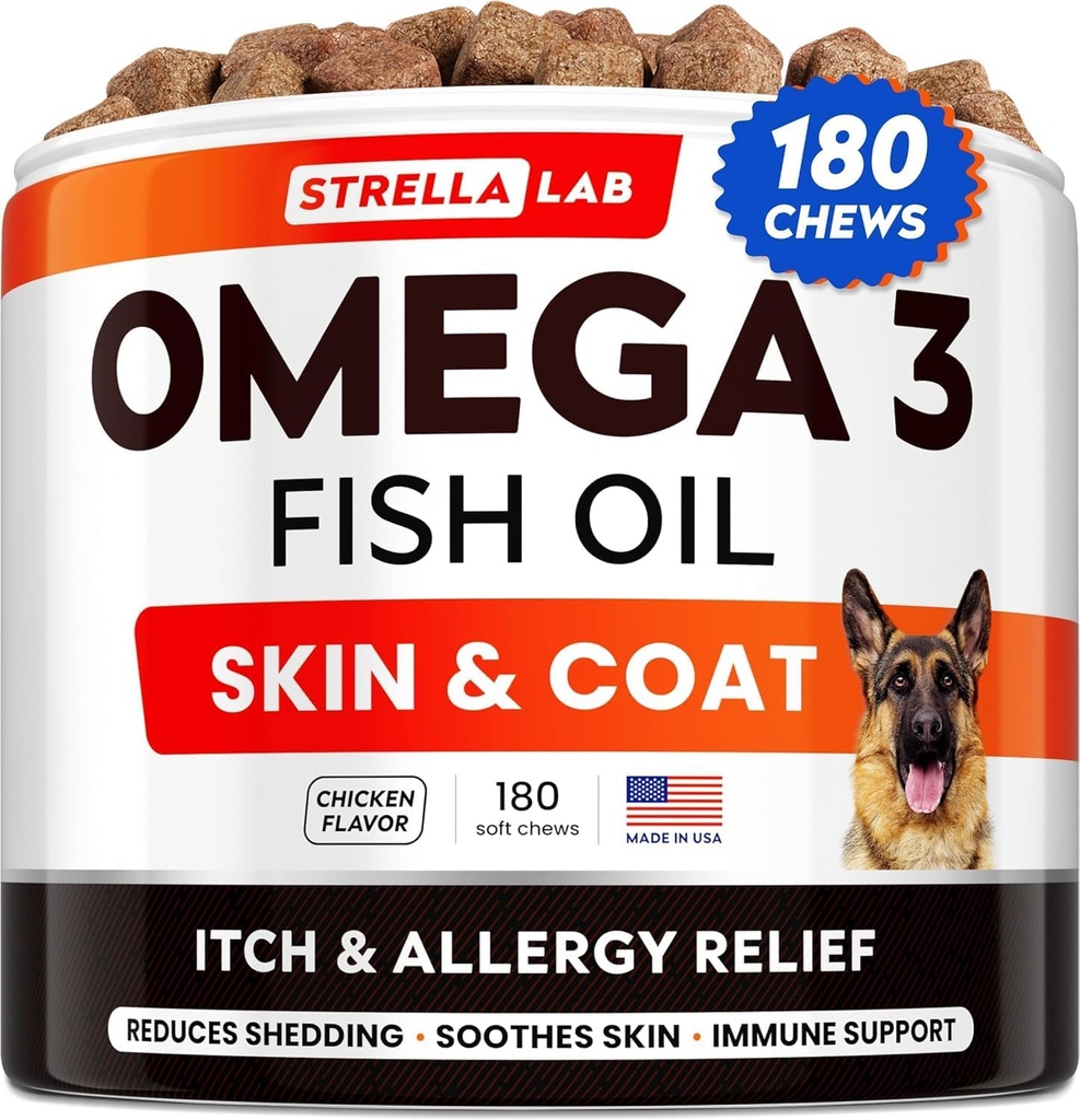 StrellaLab Omega 3 for hunde - (180 Ct) Fish Oil Treats - Allergi & Itch Relief Skin & Coat Supplement - Tør Itchy Skin, Anti Shedding & Hot Spots Treatment - Pet Salmon Oil Chews - Kylling Flavor