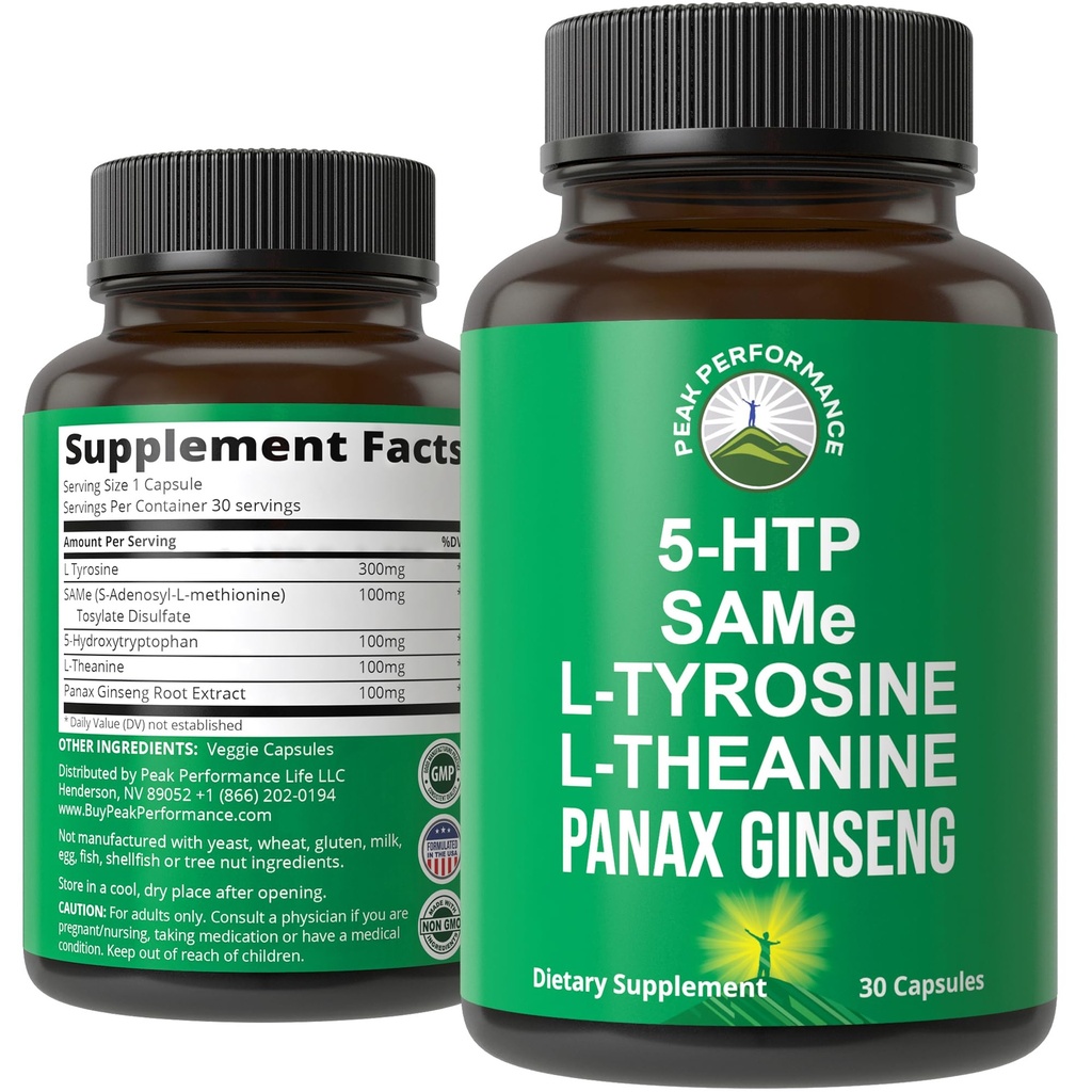 Peak Performance Mood Support Supplement med 5 Top Ingredienser: 5htp, SAM e, L Tyrosine, L Theanine, og Panax Ginseng. Rolig, Fokus, Afslapning Kosttilskud. Vegansk