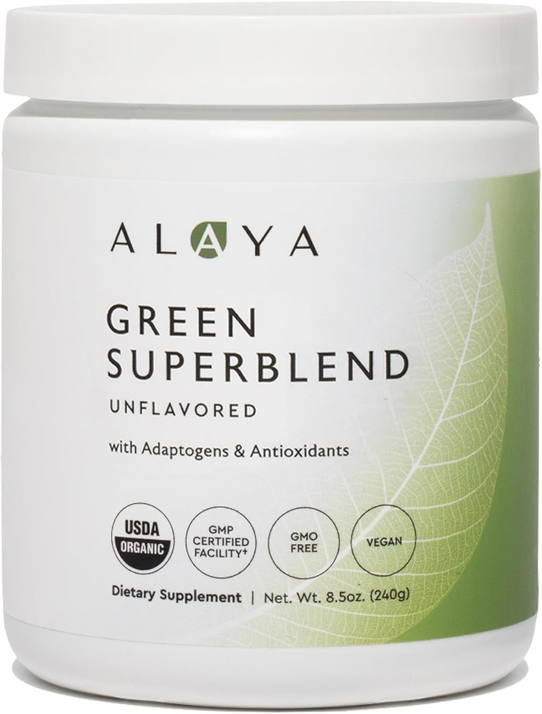 Alaya Organic Super Green Powder - Premium Green Juice Superfood Supplement Powder - Adaptogens, Antioxidanter & Probiotika Blend - USDA Organic, Non- GMO, Vegan - 30 Servere (Unflavored)