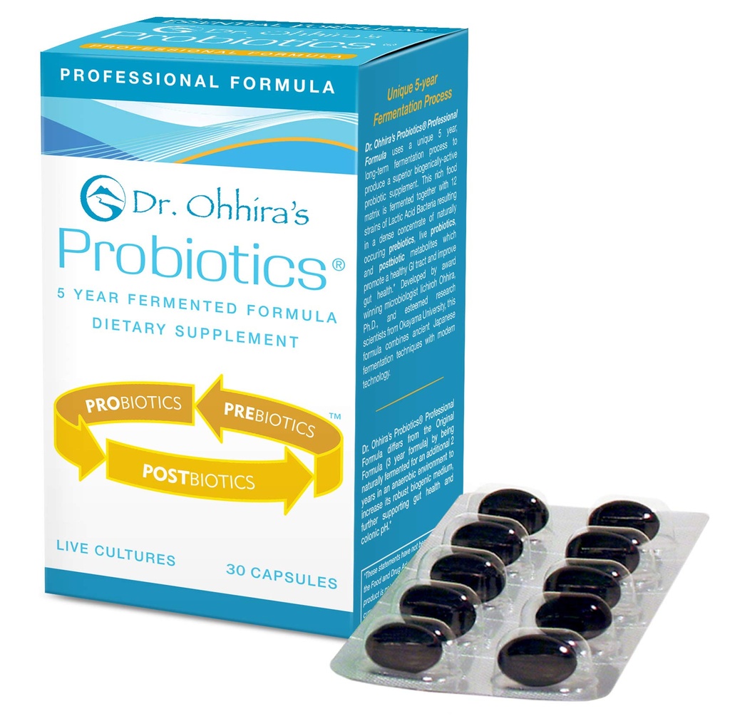 Dr. Ohhiras professionelle probiotika formel med 5 års gæret Prebiotika, Live Aktiv Probiotika og det eneste produkt med Postbiotiske Metabolitter, 30 kapsler