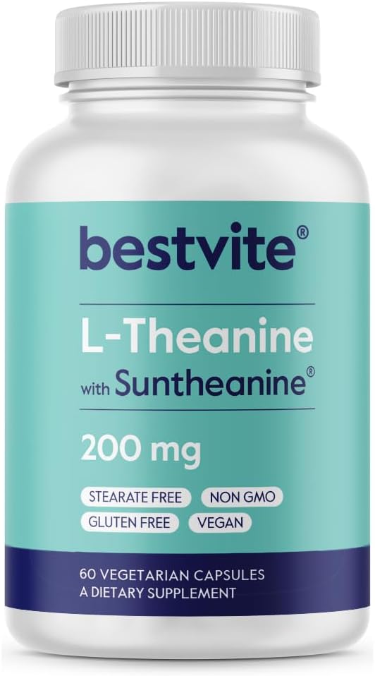 BESTVITE Double Strength Suntheanine L- Theanine 200mg - Patenteret og klinisk undersøgt - 60 Vegetariske kapsler - Vegan - Ingen stearater - Ikke GMO - Gluten Free - Afslapning Support