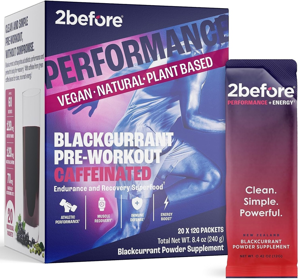 2før alle naturlige Vegansk Pre Workout, med 120mg Koffein I Clean Energy, Endurance, Inddrivelse I Pre Workout Kvinder og mænd I 20 x Individuelle Pakker I Informeret Sports Certificeret I Blackcurrant