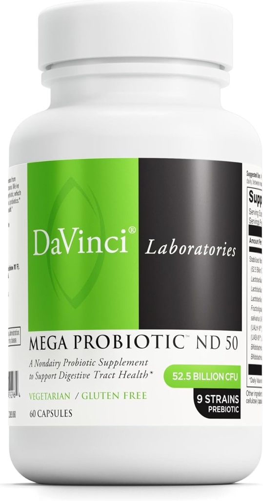 DAVINCI Labs Mega Probiotic ND 50 - Non- Dairy Probiotic Supplement with Prebiotic Fiber - Diguestive & immun Health Support * - Gut Support with Beneficial Bacteria * - 60 Vegetar Capsules