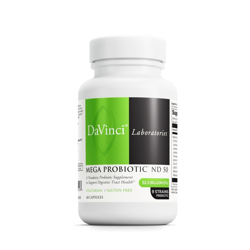 DAVINCI Labs Mega Probiotic ND 50 - Non- Dairy Probiotic Supplement with Prebiotic Fiber - Diguestive & immun Health Support * - Gut Support with Beneficial Bacteria * - 60 Vegetar Capsules