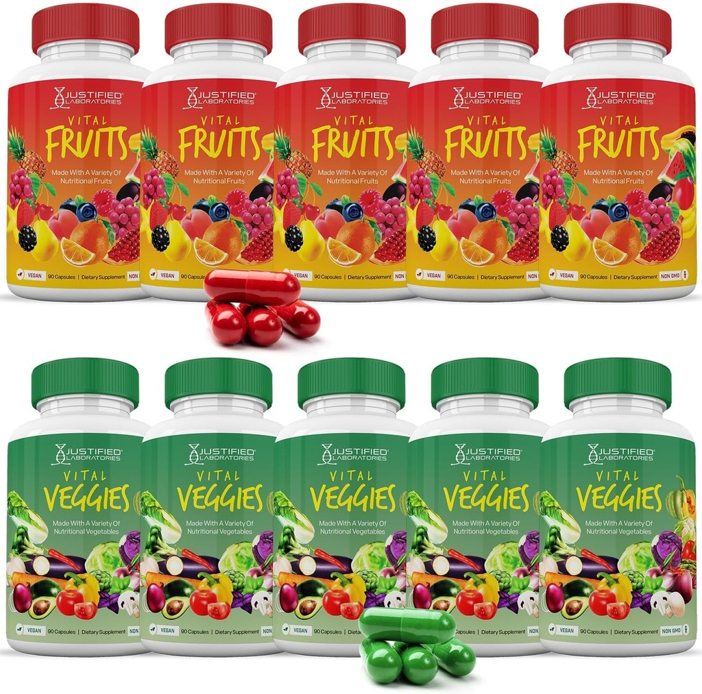 Godkendte laboratorier (10 Pack Vital Fruits and Veggies Supplement Hel Food Red & Green Superfoods Non GMO Vegan Friendly 900 Veggie Capsules 10 Flasker