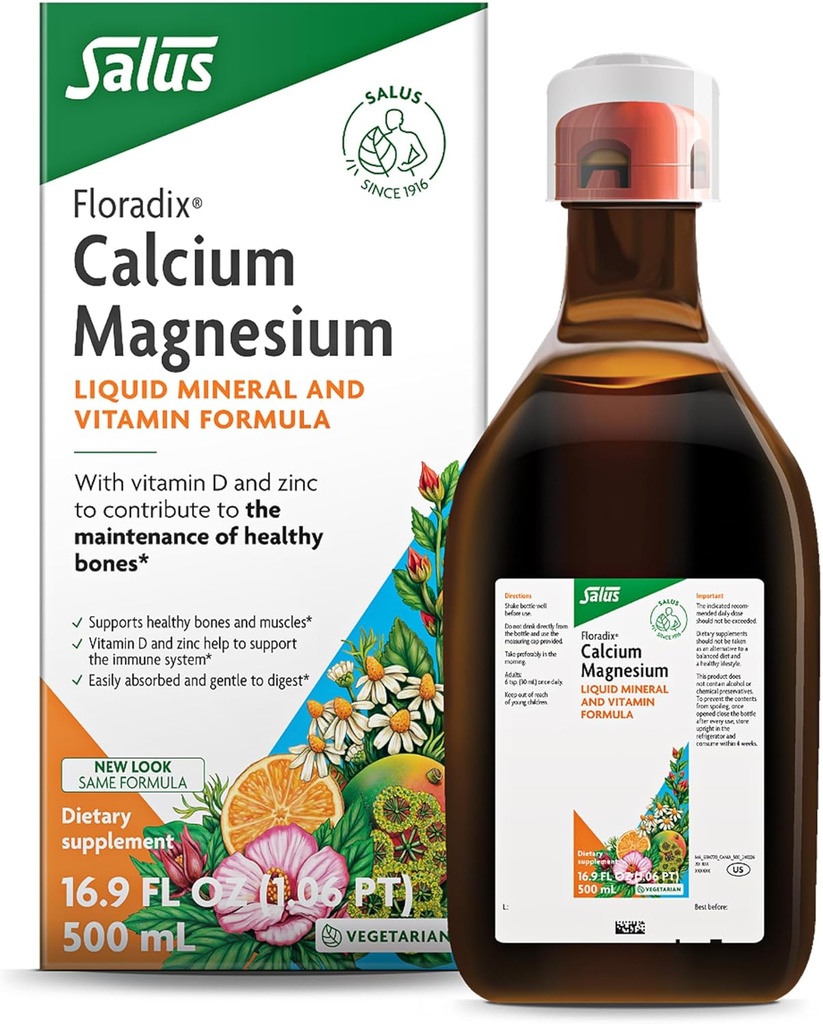 Floradix Calcium Magnesium Flydende Mineral & Vitamin Formel - Knoglemasse Support med Calcium, Magnesium, Vitamin D & Zink - Vegetar & Non- GMO - 16,9 fl oz