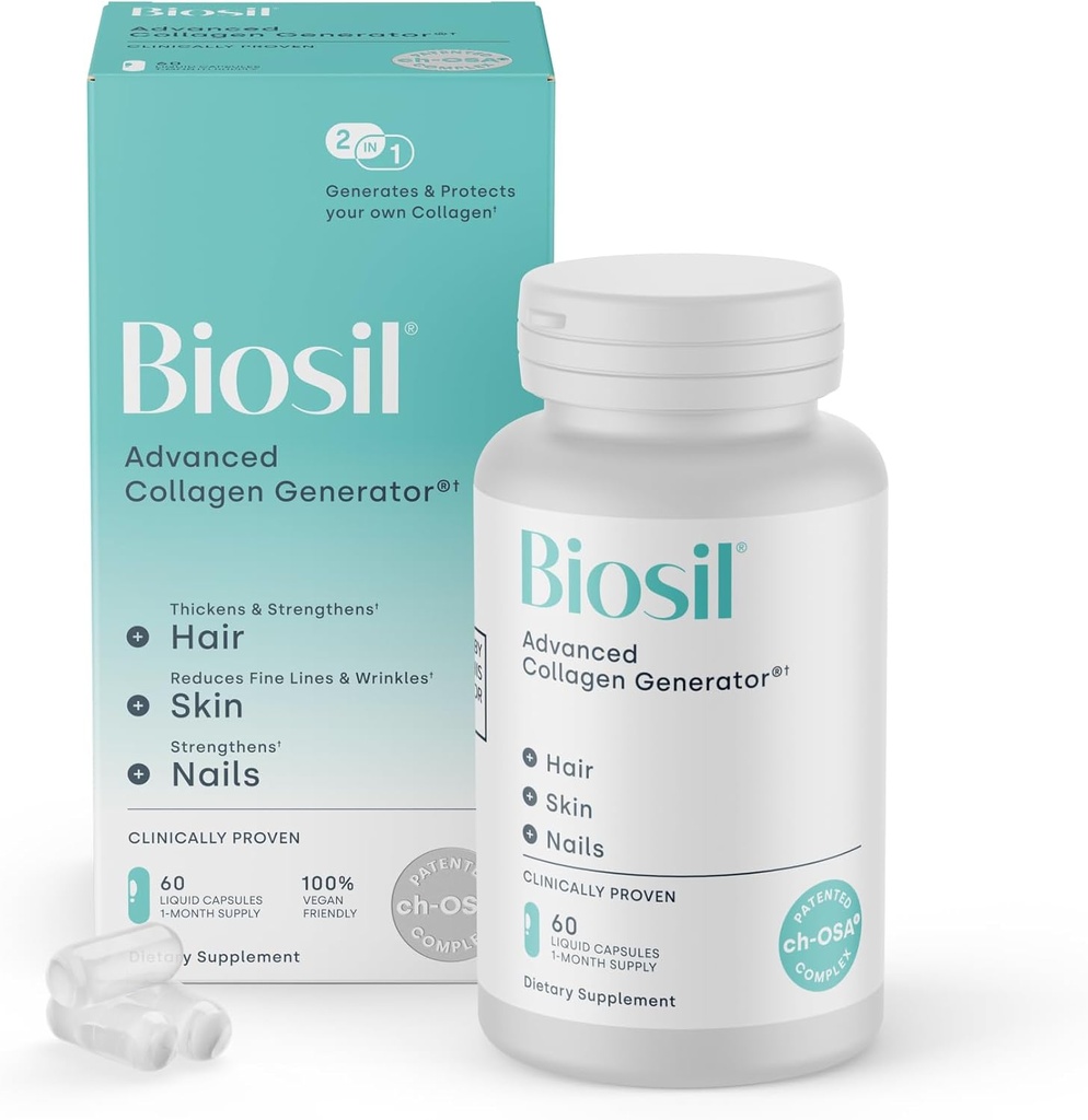 Biosil Collagen Booster Supplement - 60 Veganske kapsler - Patenteret ch- OSA Activator for hud, hår, negle & niks - Understøtter naturlig produktion - 30-dages forsyning