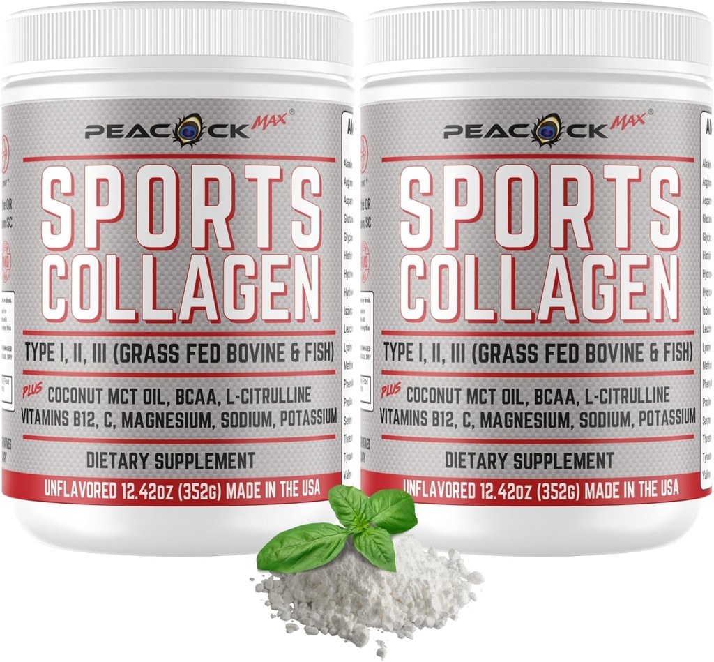 Sports collagen Powder, 12.42 oz, Pack of 2 - Grass Fed Bovine & Wild Fish Hydrolyzed Type I, II, III Multi Collagen Peptider, Unflavored Protein Powder with BCAA, Magnesium & Electrolytes