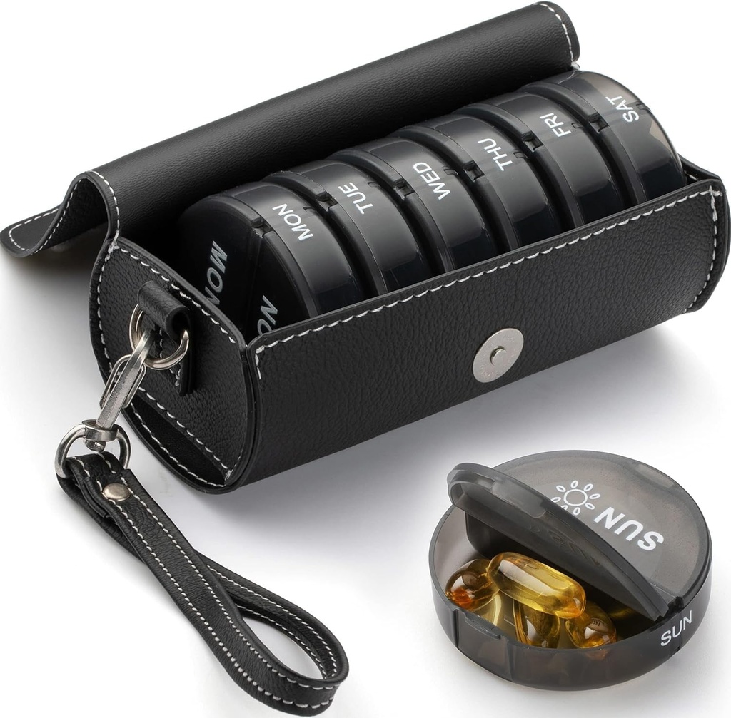 Ugentlig Pill Organizer 2 gange om dagen, AM PM Stor Daily Pill Box med PU læder sag for rejser, Round Medicine Organizer, 7 dages Pill Container for Vitamin Fish Olies Supplement- Black