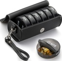 Weekly Pill Organizer 2 Times a Day,AM PM Large Daily Pill Box with PU Leather Case for Travel,Round Medicine Organizer,7 Day Pill Container for Vitamin Fish Oils Supplement-Black