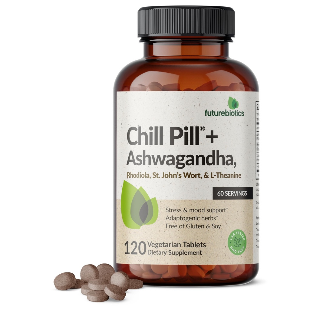 Futurebiotics Chill Pill + Ashwagandha, Rhodiola, St. John 's Wort, & L- Theanine - non-GMO, 120 Vegetariske tabletter