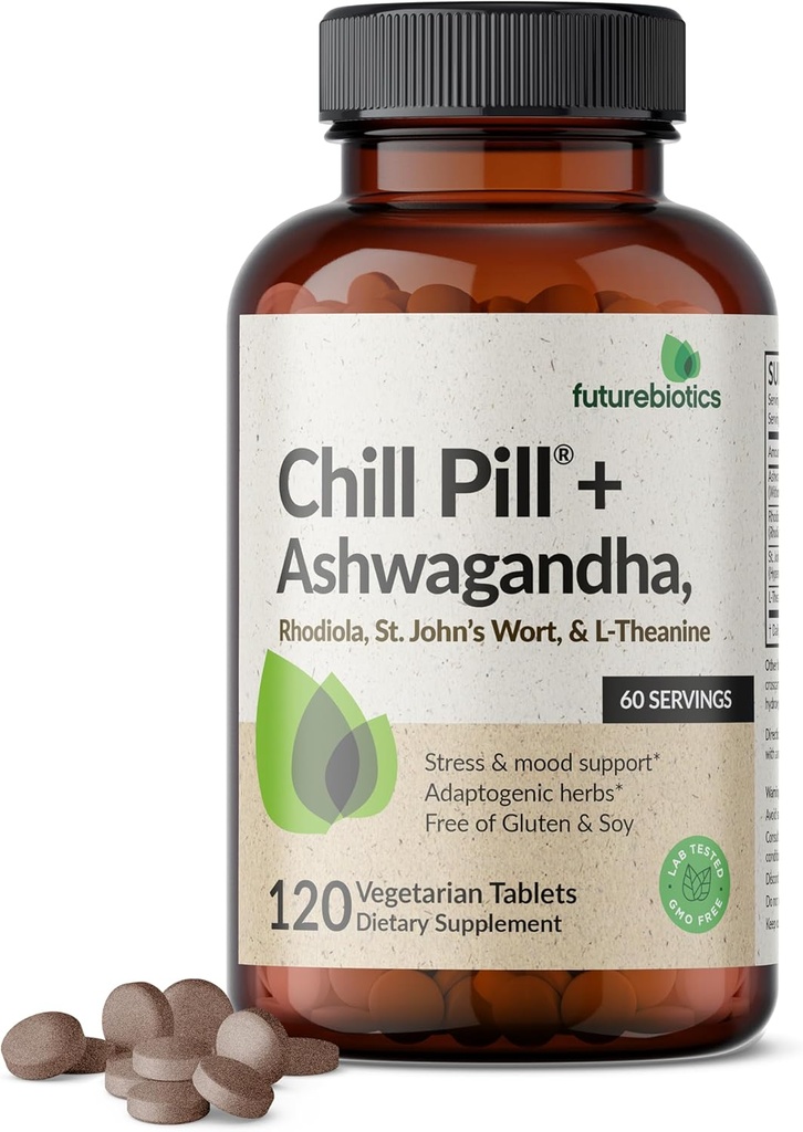 Futurebiotics Chill Pill + Ashwagandha, Rhodiola, St. John 's Wort, & L- Theanine - non-GMO, 120 Vegetariske tabletter