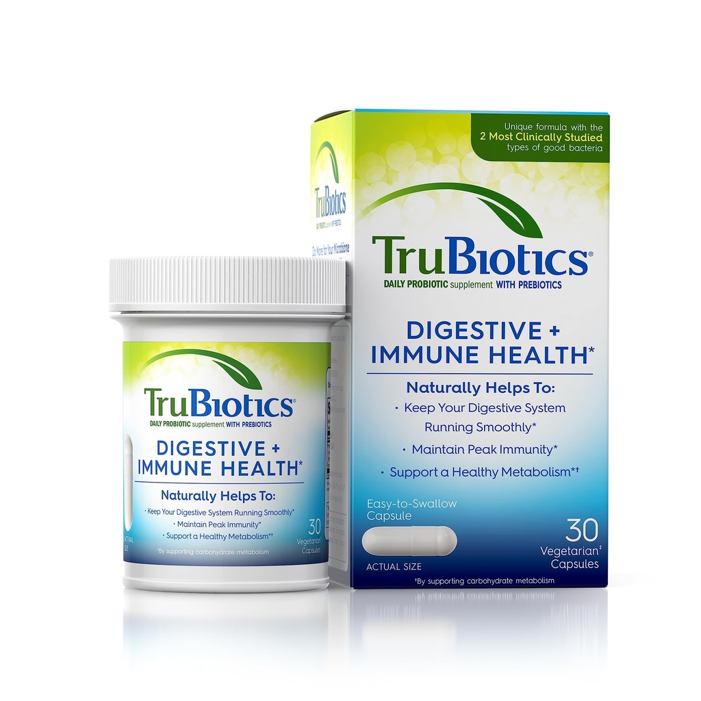 TruBiotics Probiotika til fordøjelse og immunsundhed, understøtter regelmæssighed & hjælper Relieve Abdominal ubehag, Gas & Bloating, 2 Klinisk Studerede Probiotiske Strops, Plus Prebiotics, 30 Kapsler