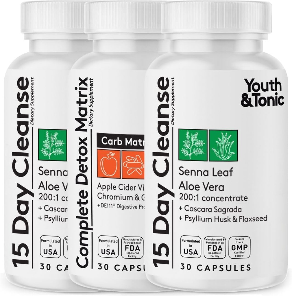 Youth & Tonic Extra Colon Cleanser & Complete Detox Matrix124; Laxatives Fibers ACV Chrom Glucomannan