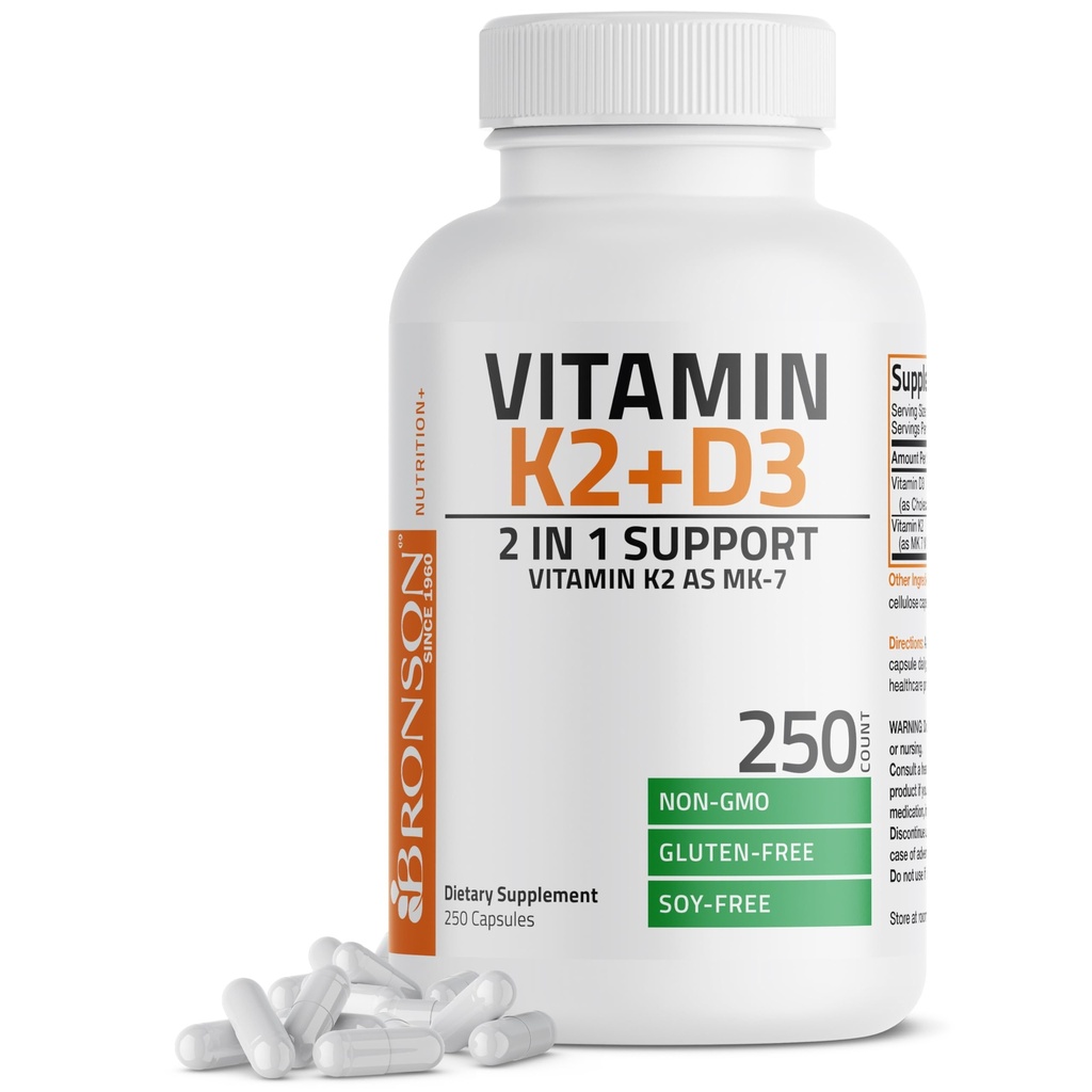 Bronson vitamin K2 (MK7) med D3 tillæg Non- GMO Formel 5000 IE vitamin D3 & 90 mcg K2 MK- 7 Let at synke D & K kompleks, 250 kapsler