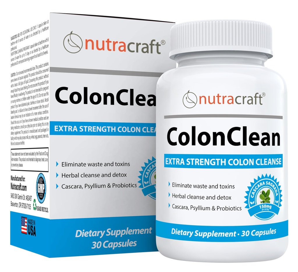 Nutracraft ColonClean # 1 Colon Detox and Constipment Relief Measures 124; Senna, Cascara Sagrada, Psyllium, MCT, Aloe og Probiotika Measures 124; 30 kapsler
