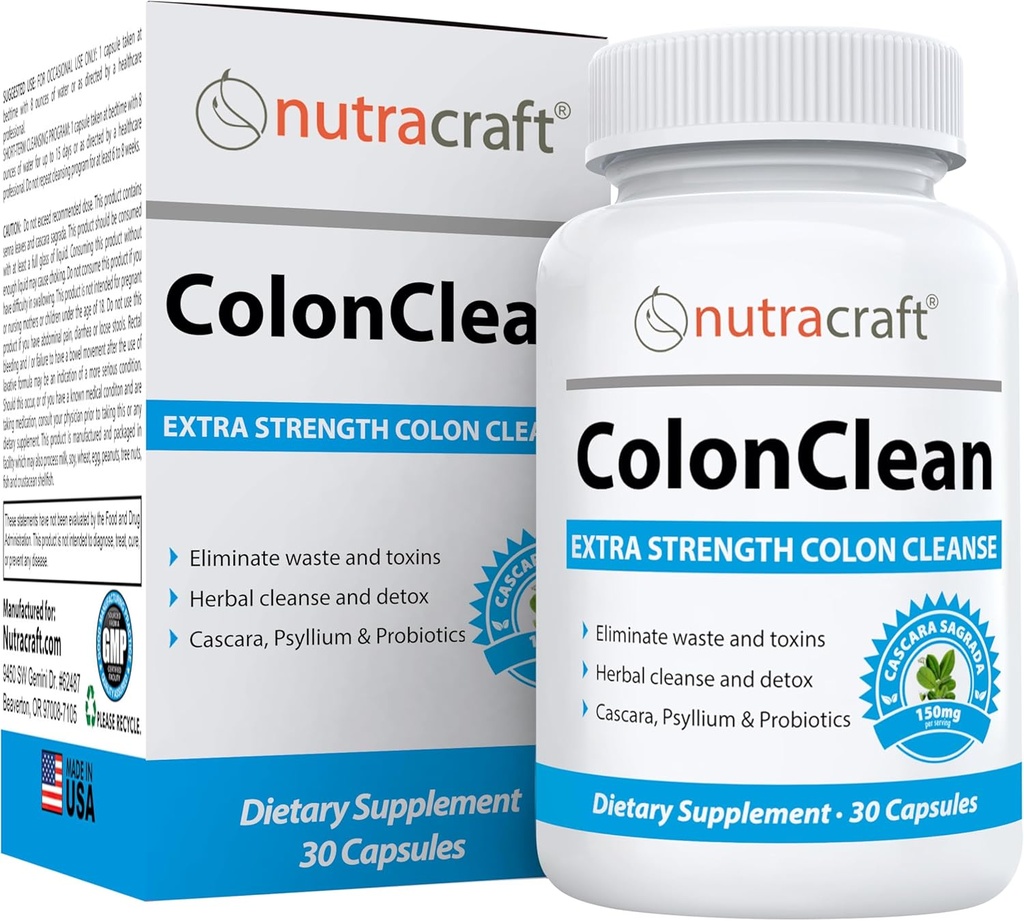 Nutracraft ColonClean # 1 Colon Detox and Constipment Relief Measures 124; Senna, Cascara Sagrada, Psyllium, MCT, Aloe og Probiotika Measures 124; 30 kapsler